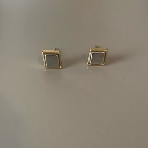 Silver Diamond-Shape w/ Gold Border Stud Earrings